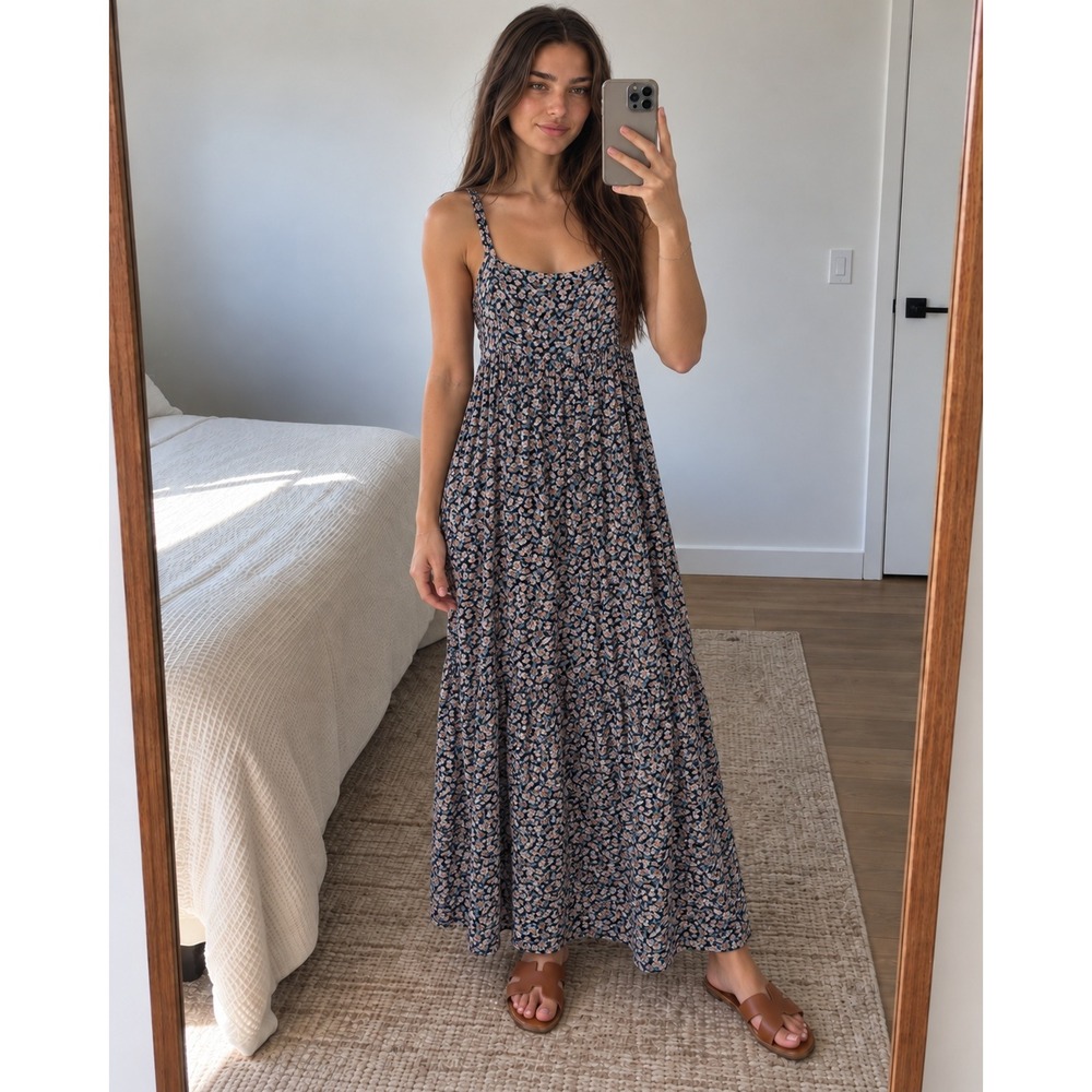 Natural Life Floral Maxi Dress XS/S Black Tiered Cotton Boho Cottag3 Romantic